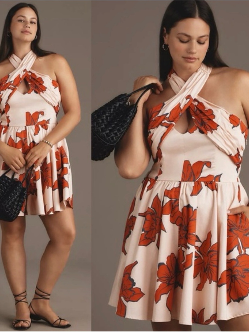 Anthropologie Cream Halter Mini Romper with Orange Floral Print